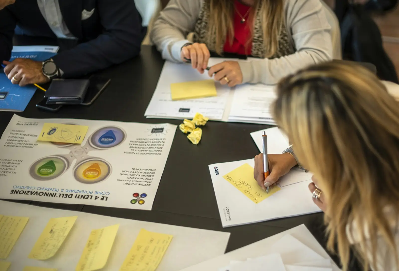 Colleagues reviewing printed frameworks and notes around a table